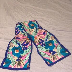 Colourful Vintage Floral Silk Scarf with Blue Accents